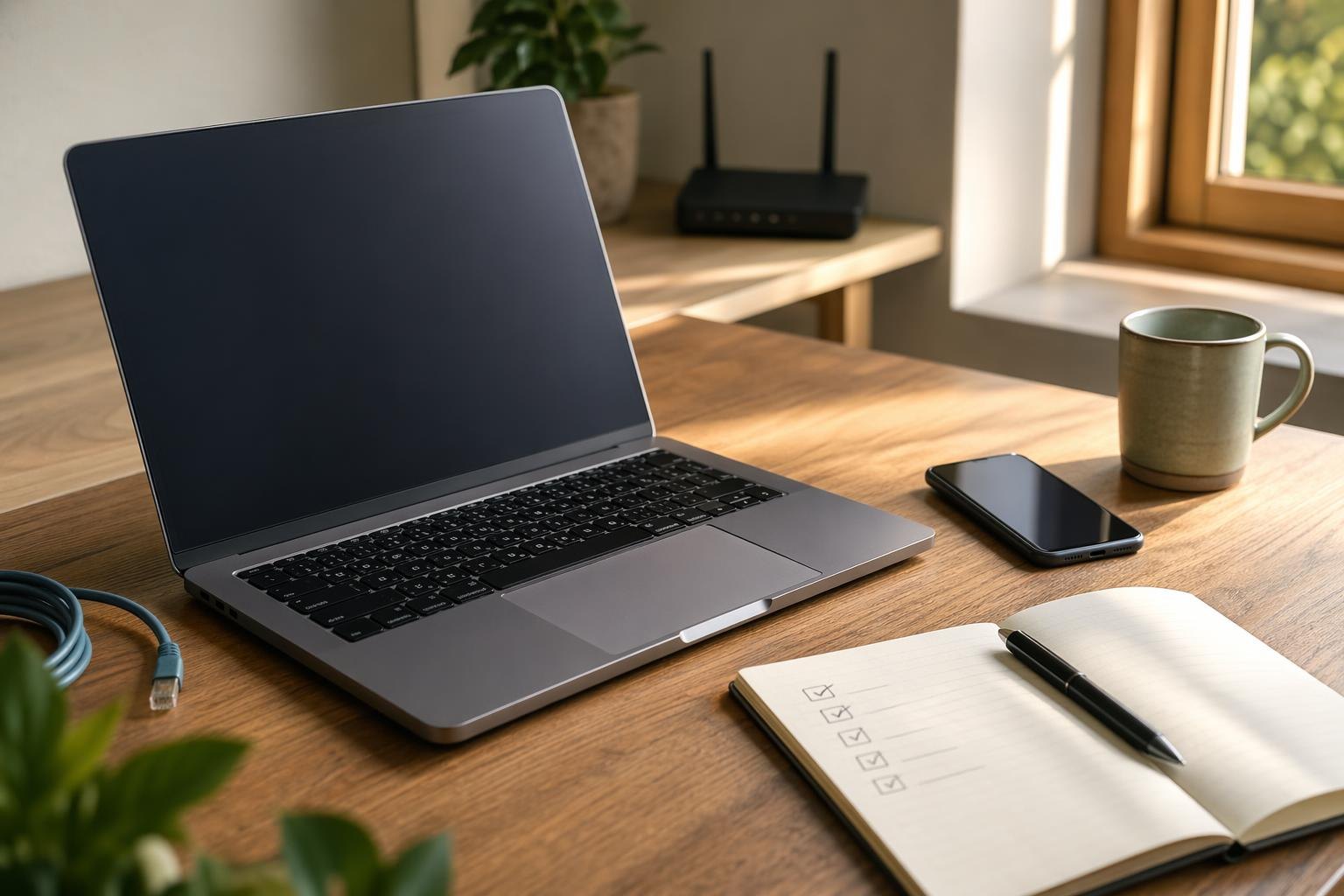 Unbranded laptop, iPhone and checklist on a calm desk.