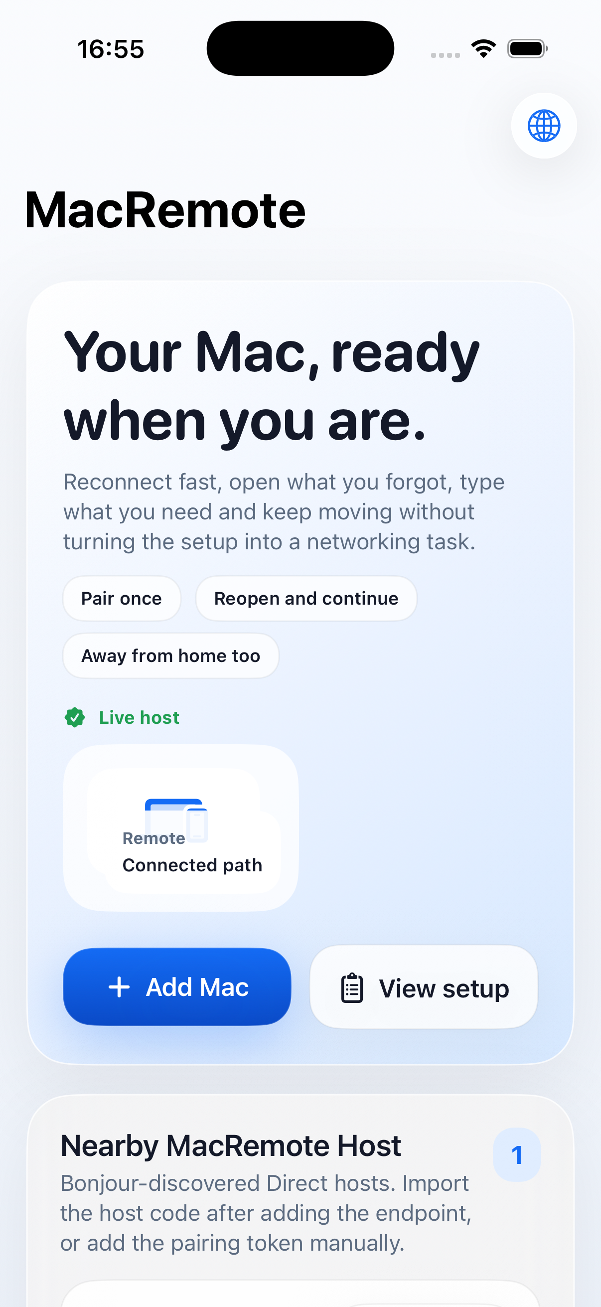 MacRemote dashboard on iPhone.