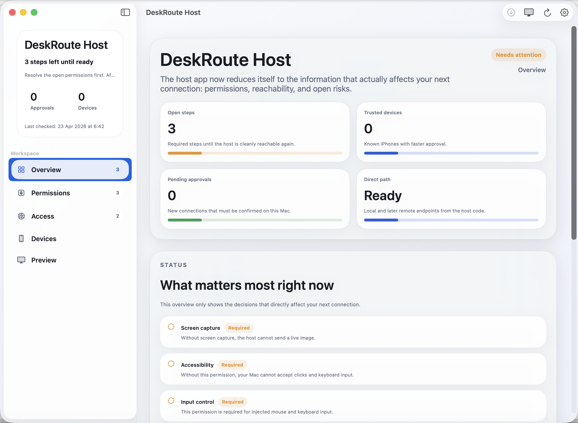 DeskRoute Host on macOS with setup, relay and approval status.