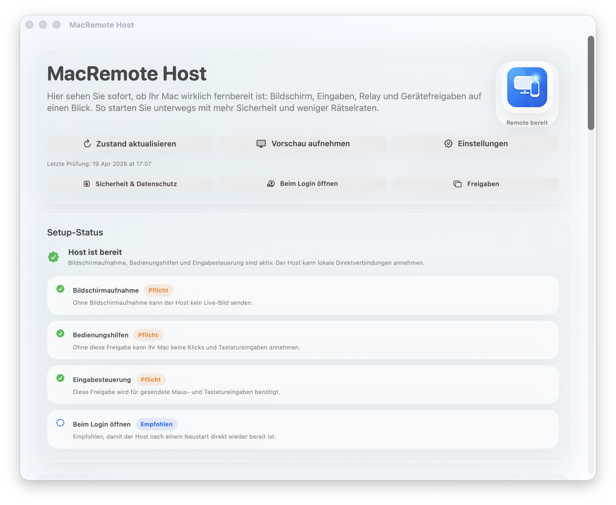 MacRemote Host on macOS with setup, relay and approval status.